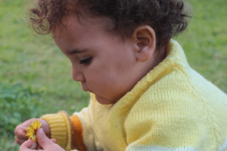 Toddler in yellow jumper holding and examining a yellow flower outdoors
