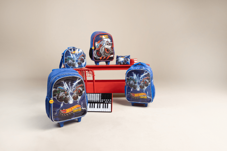 Babyshop Hot Wheels backpack and accessory collection displayed with school gear